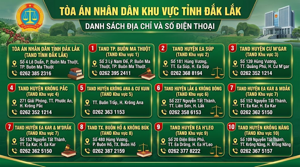 Địa chỉ và số điện thoại các Tòa án nhân dân khu vực tỉnh Đắk Lắk